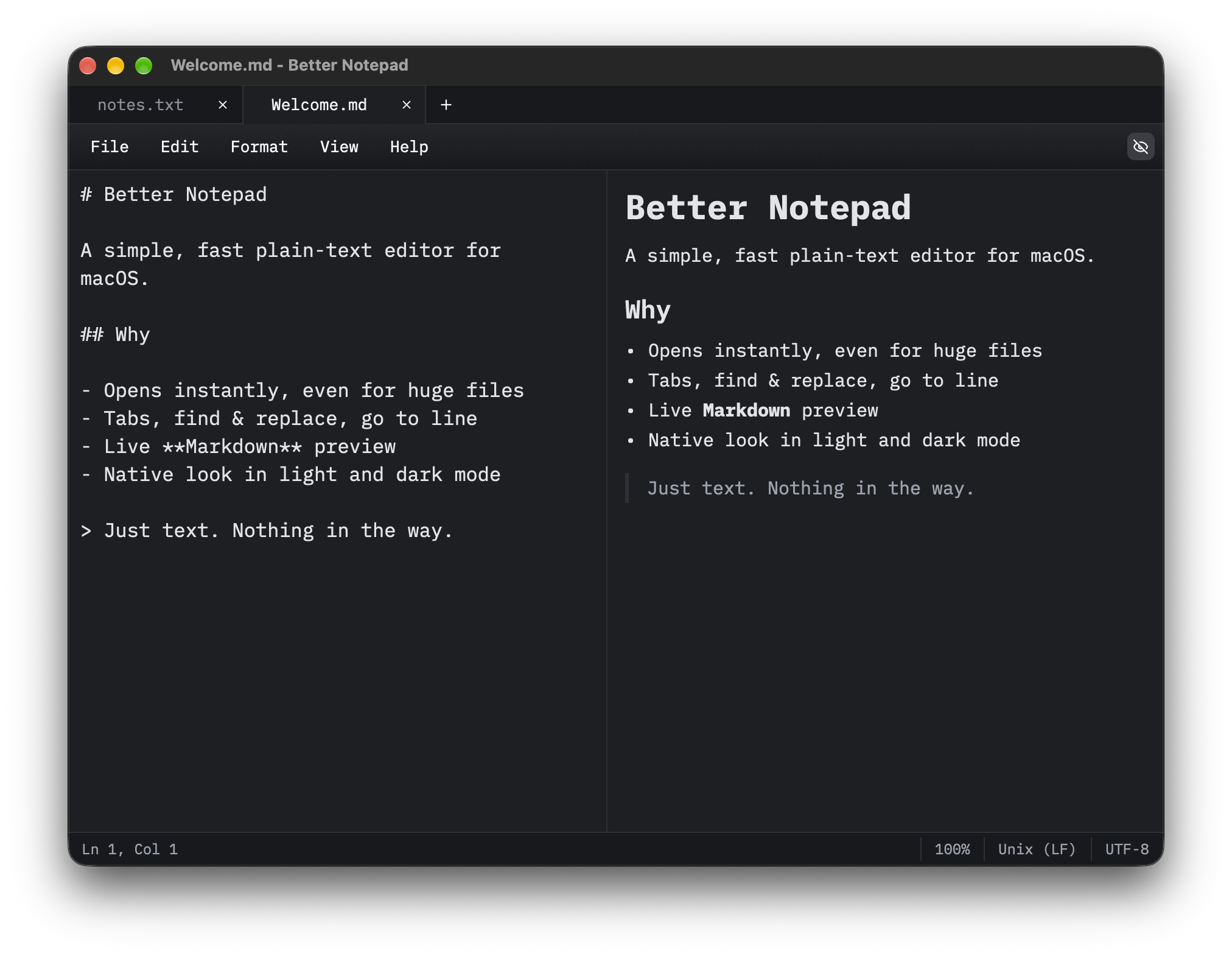 Better Notepad editing a Markdown file with live preview